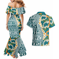 Hawaiian Plumeria Lei Couples Matching Mermaid Dress and Hawaiian Shirt Kakau Motifs and Palaka Half Style Turquoise Color LT03 - Polynesian Pride