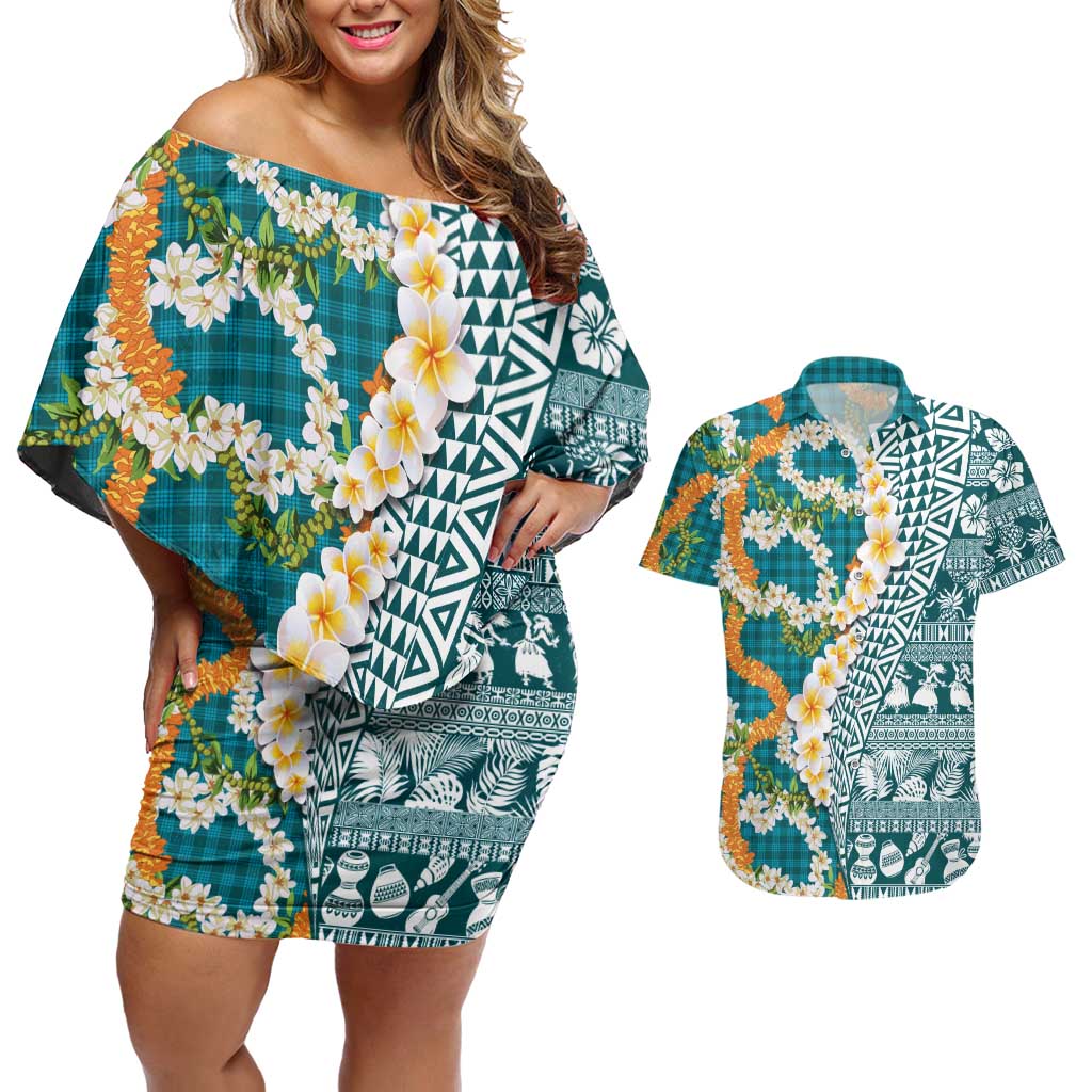Hawaiian Plumeria Lei Couples Matching Off Shoulder Short Dress and Hawaiian Shirt Kakau Motifs and Palaka Half Style Turquoise Color LT03 Turquoise - Polynesian Pride