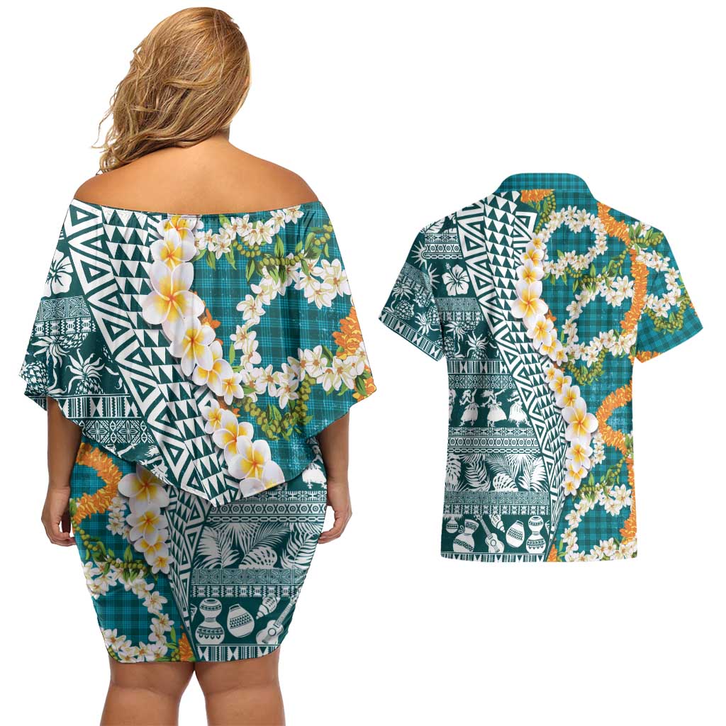 Hawaiian Plumeria Lei Couples Matching Off Shoulder Short Dress and Hawaiian Shirt Kakau Motifs and Palaka Half Style Turquoise Color LT03 - Polynesian Pride