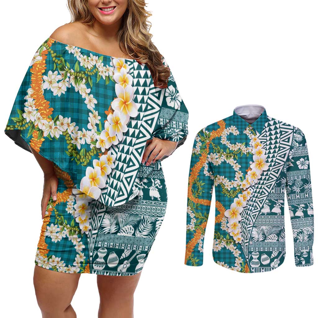Hawaiian Plumeria Lei Couples Matching Off Shoulder Short Dress and Long Sleeve Button Shirt Kakau Motifs and Palaka Half Style Turquoise Color LT03 Turquoise - Polynesian Pride