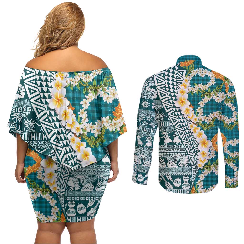 Hawaiian Plumeria Lei Couples Matching Off Shoulder Short Dress and Long Sleeve Button Shirt Kakau Motifs and Palaka Half Style Turquoise Color LT03 - Polynesian Pride