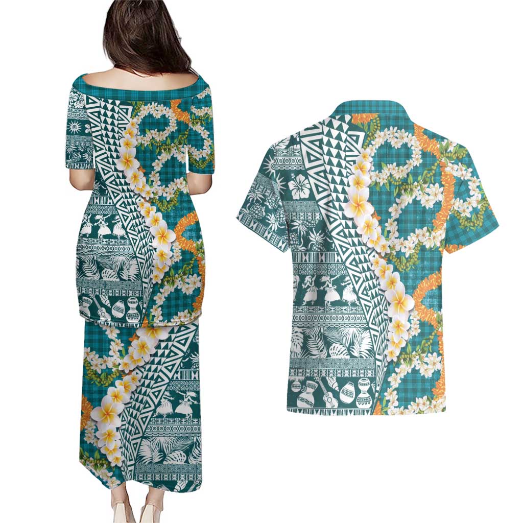 Hawaiian Plumeria Lei Couples Matching Puletasi and Hawaiian Shirt Kakau Motifs and Palaka Half Style Turquoise Color LT03 - Polynesian Pride