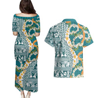 Hawaiian Plumeria Lei Couples Matching Puletasi and Hawaiian Shirt Kakau Motifs and Palaka Half Style Turquoise Color LT03 - Polynesian Pride
