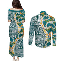 Hawaiian Plumeria Lei Couples Matching Puletasi and Long Sleeve Button Shirt Kakau Motifs and Palaka Half Style Turquoise Color LT03 - Polynesian Pride