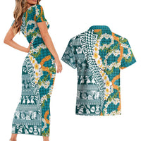Hawaiian Plumeria Lei Couples Matching Short Sleeve Bodycon Dress and Hawaiian Shirt Kakau Motifs and Palaka Half Style Turquoise Color LT03 - Polynesian Pride