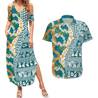 Hawaiian Plumeria Lei Couples Matching Summer Maxi Dress and Hawaiian Shirt Kakau Motifs and Palaka Half Style Turquoise Color LT03 Turquoise - Polynesian Pride