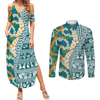 Hawaiian Plumeria Lei Couples Matching Summer Maxi Dress and Long Sleeve Button Shirt Kakau Motifs and Palaka Half Style Turquoise Color LT03 Turquoise - Polynesian Pride