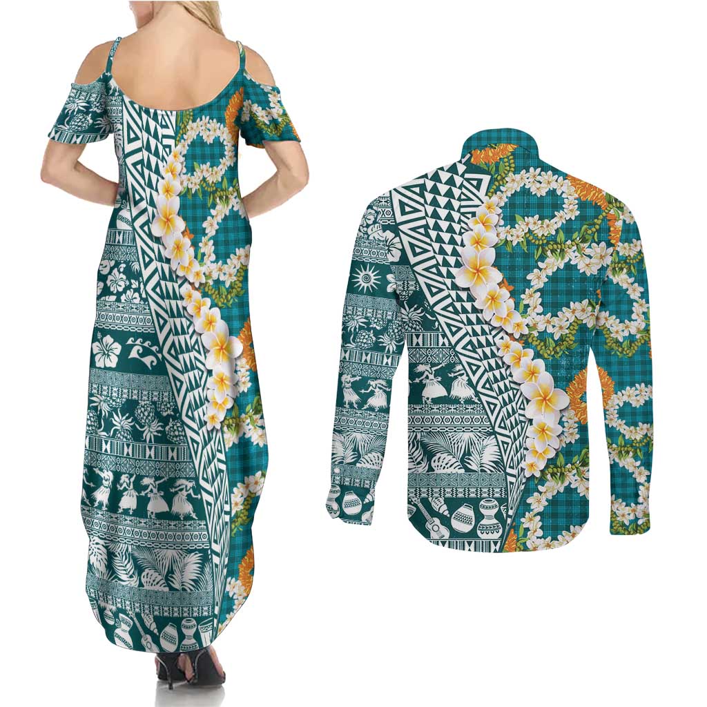 Hawaiian Plumeria Lei Couples Matching Summer Maxi Dress and Long Sleeve Button Shirt Kakau Motifs and Palaka Half Style Turquoise Color LT03 - Polynesian Pride