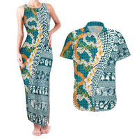 Hawaiian Plumeria Lei Couples Matching Tank Maxi Dress and Hawaiian Shirt Kakau Motifs and Palaka Half Style Turquoise Color LT03 Turquoise - Polynesian Pride