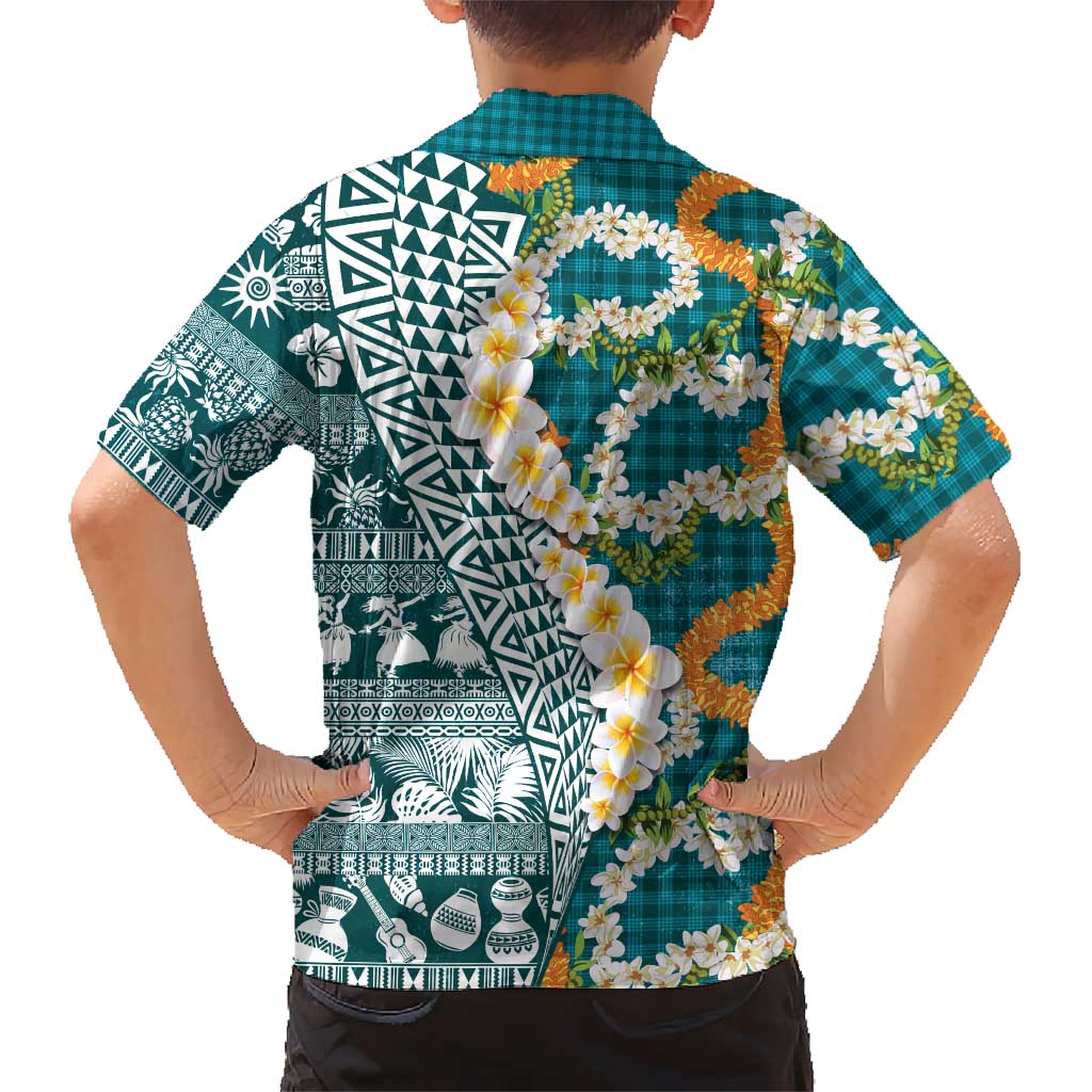 Hawaiian Plumeria Lei Family Matching Long Sleeve Bodycon Dress and Hawaiian Shirt Kakau Motifs and Palaka Half Style Turquoise Color LT03 - Polynesian Pride