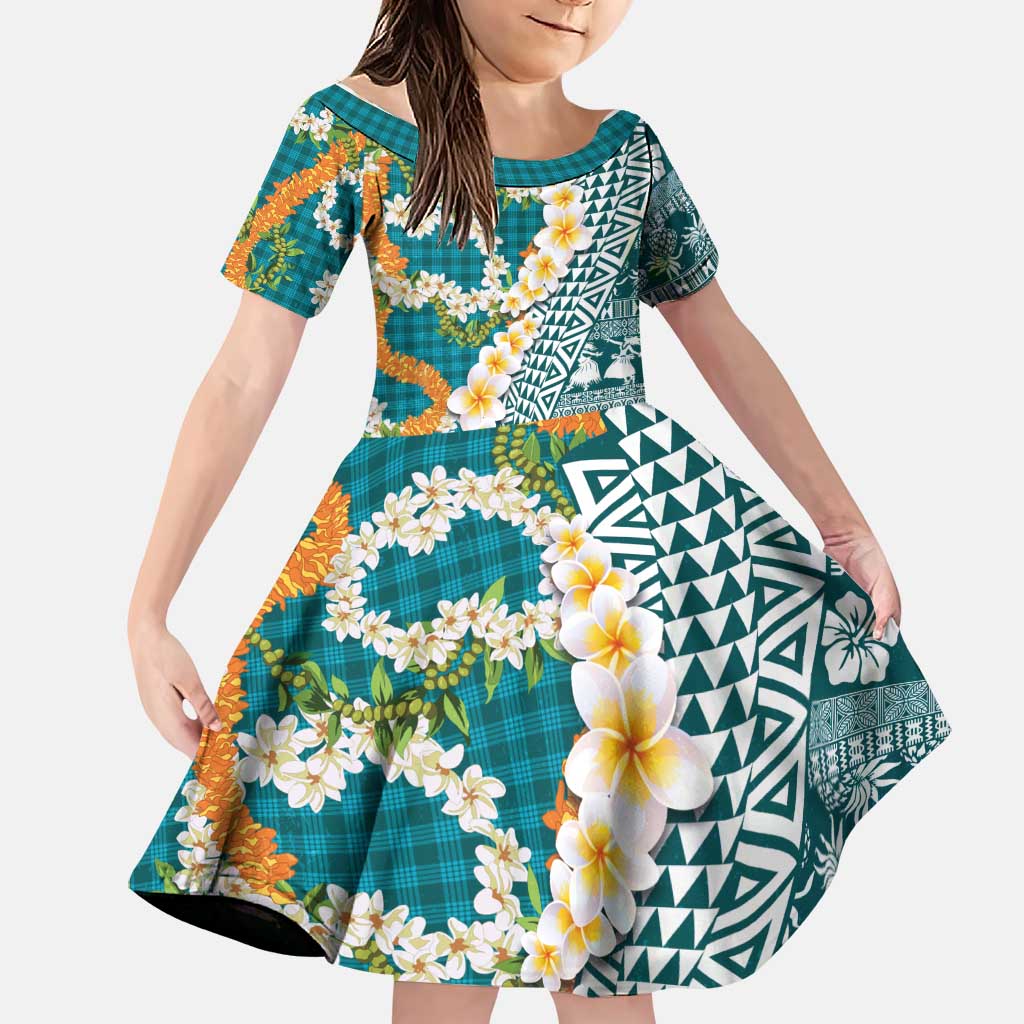 Hawaiian Plumeria Lei Family Matching Long Sleeve Bodycon Dress and Hawaiian Shirt Kakau Motifs and Palaka Half Style Turquoise Color LT03 Daughter's Dress Turquoise - Polynesian Pride