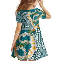 Hawaiian Plumeria Lei Family Matching Long Sleeve Bodycon Dress and Hawaiian Shirt Kakau Motifs and Palaka Half Style Turquoise Color LT03 - Polynesian Pride