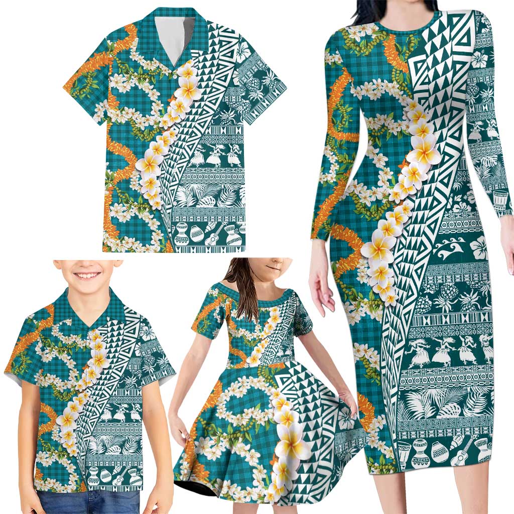 Hawaiian Plumeria Lei Family Matching Long Sleeve Bodycon Dress and Hawaiian Shirt Kakau Motifs and Palaka Half Style Turquoise Color LT03 - Polynesian Pride