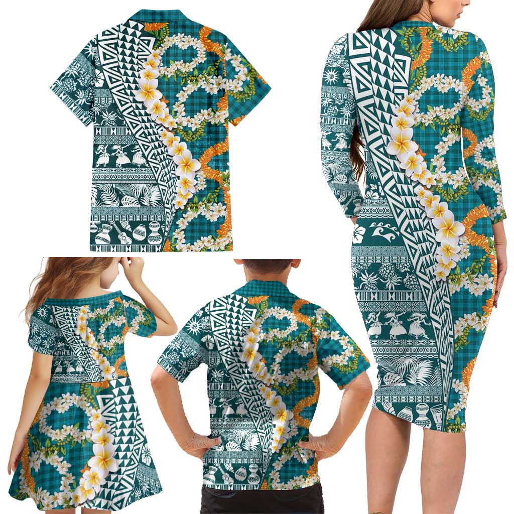 Hawaiian Plumeria Lei Family Matching Long Sleeve Bodycon Dress and Hawaiian Shirt Kakau Motifs and Palaka Half Style Turquoise Color LT03 - Polynesian Pride