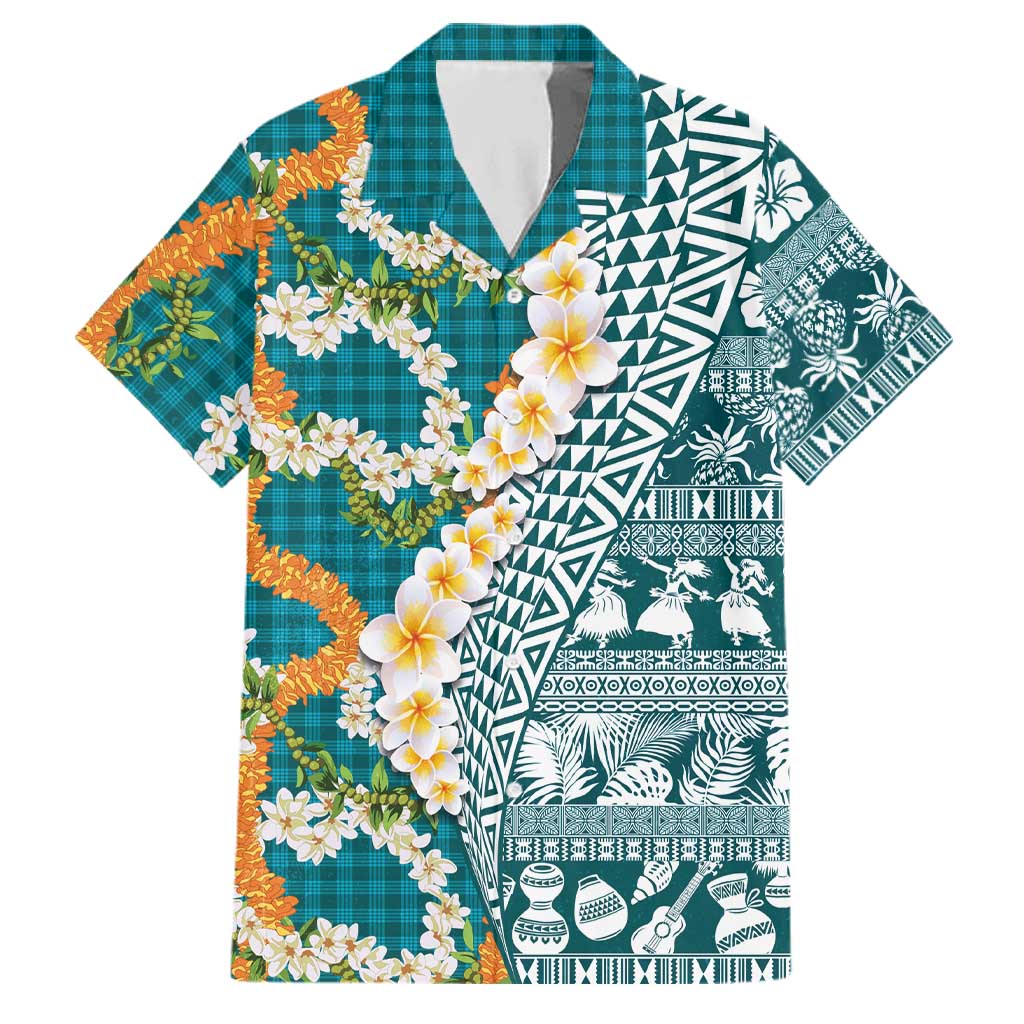 Hawaiian Plumeria Lei Family Matching Long Sleeve Bodycon Dress and Hawaiian Shirt Kakau Motifs and Palaka Half Style Turquoise Color LT03 Dad's Shirt - Short Sleeve Turquoise - Polynesian Pride