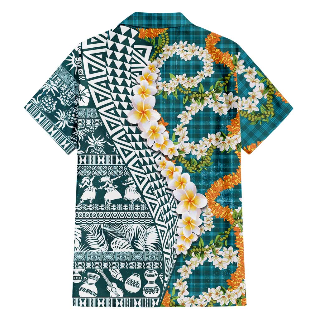 Hawaiian Plumeria Lei Family Matching Long Sleeve Bodycon Dress and Hawaiian Shirt Kakau Motifs and Palaka Half Style Turquoise Color LT03 - Polynesian Pride