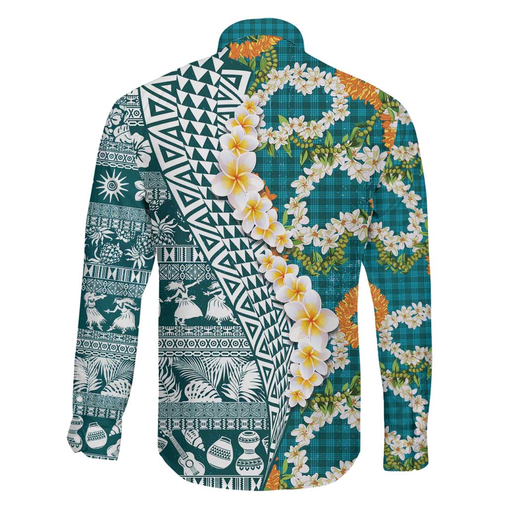 Hawaiian Plumeria Lei Family Matching Long Sleeve Bodycon Dress and Hawaiian Shirt Kakau Motifs and Palaka Half Style Turquoise Color LT03 - Polynesian Pride