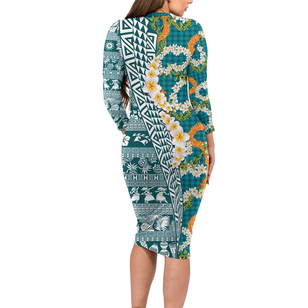 Hawaiian Plumeria Lei Family Matching Long Sleeve Bodycon Dress and Hawaiian Shirt Kakau Motifs and Palaka Half Style Turquoise Color LT03 - Polynesian Pride