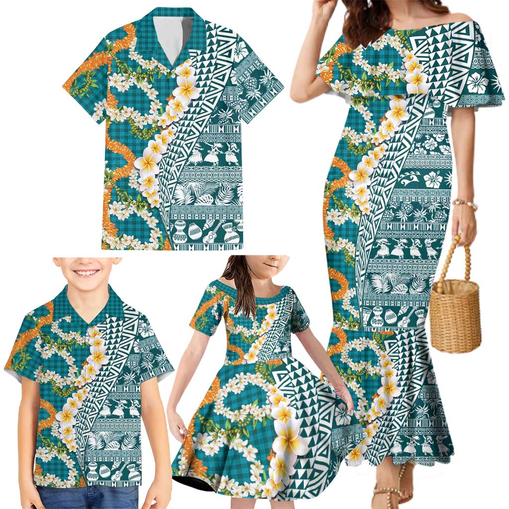 Hawaiian Plumeria Lei Family Matching Mermaid Dress and Hawaiian Shirt Kakau Motifs and Palaka Half Style Turquoise Color LT03 - Polynesian Pride