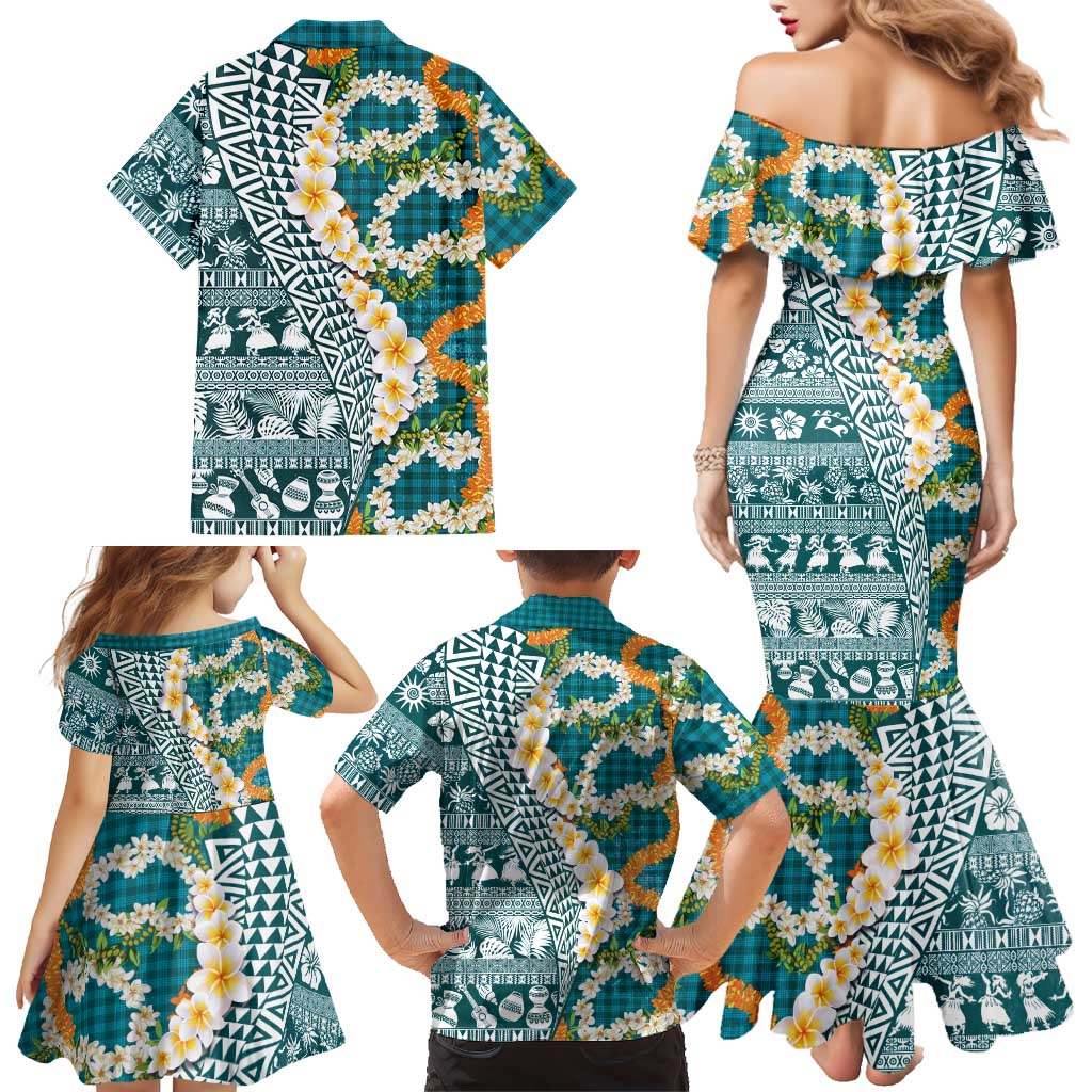 Hawaiian Plumeria Lei Family Matching Mermaid Dress and Hawaiian Shirt Kakau Motifs and Palaka Half Style Turquoise Color LT03 - Polynesian Pride