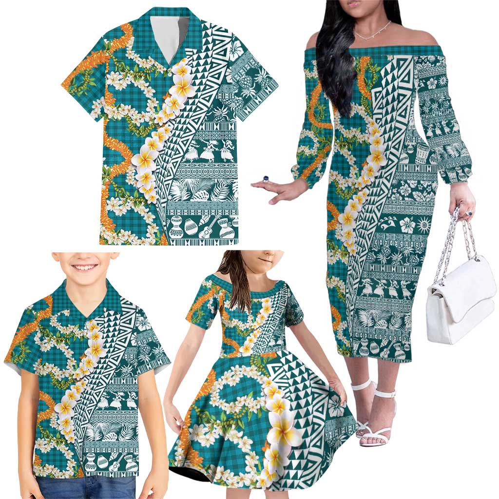Hawaiian Plumeria Lei Family Matching Off The Shoulder Long Sleeve Dress and Hawaiian Shirt Kakau Motifs and Palaka Half Style Turquoise Color LT03 - Polynesian Pride