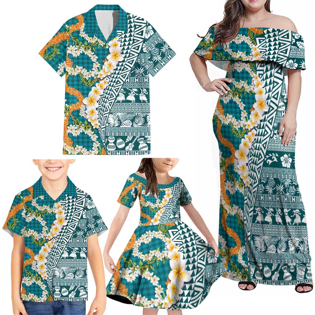 Hawaiian Plumeria Lei Family Matching Off Shoulder Maxi Dress and Hawaiian Shirt Kakau Motifs and Palaka Half Style Turquoise Color - Polynesian Pride