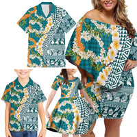 Hawaiian Plumeria Lei Family Matching Off Shoulder Short Dress and Hawaiian Shirt Kakau Motifs and Palaka Half Style Turquoise Color LT03 - Polynesian Pride
