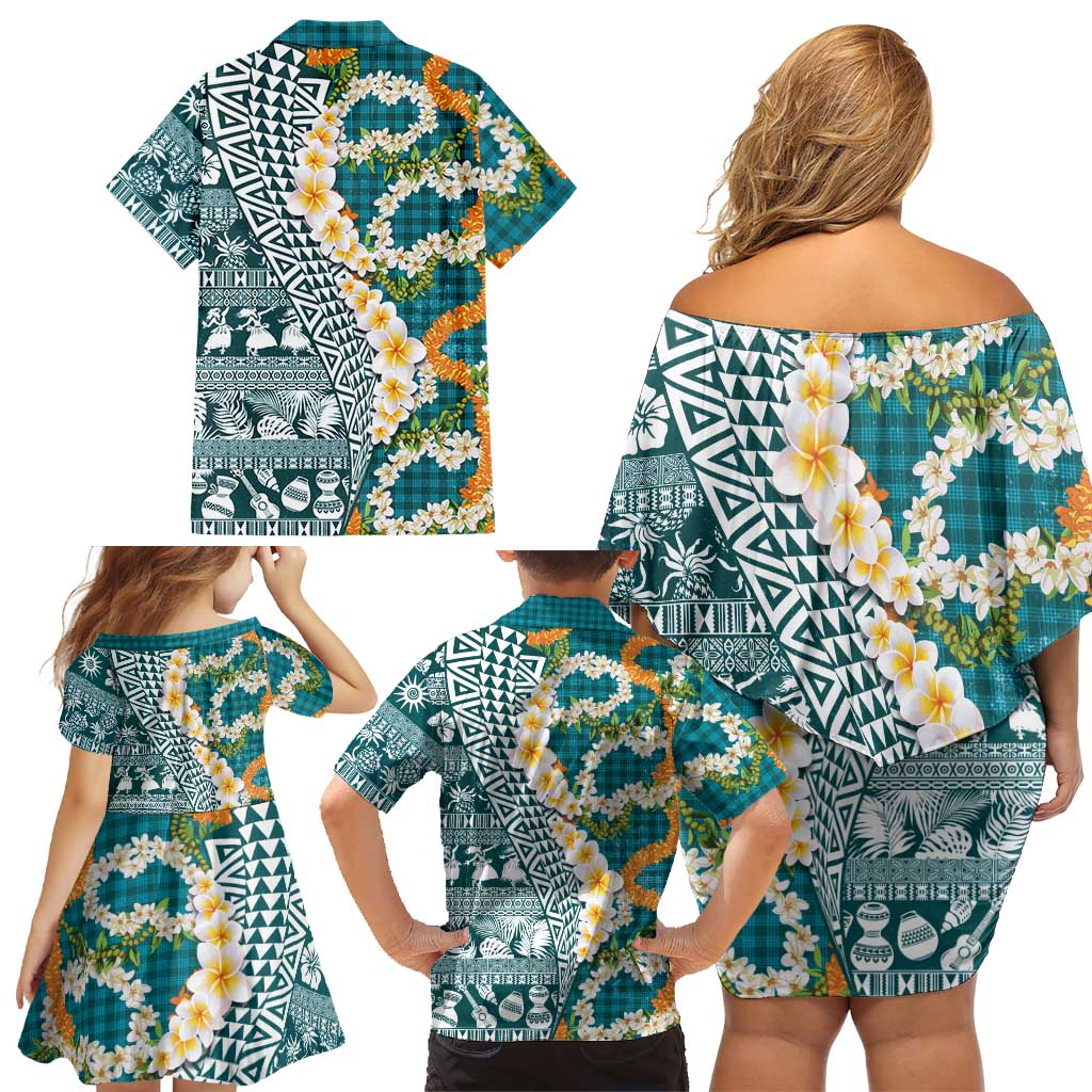 Hawaiian Plumeria Lei Family Matching Off Shoulder Short Dress and Hawaiian Shirt Kakau Motifs and Palaka Half Style Turquoise Color LT03 - Polynesian Pride