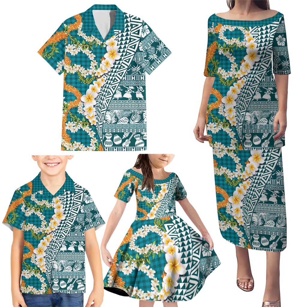 Hawaiian Plumeria Lei Family Matching Puletasi and Hawaiian Shirt Kakau Motifs and Palaka Half Style Turquoise Color LT03 - Polynesian Pride