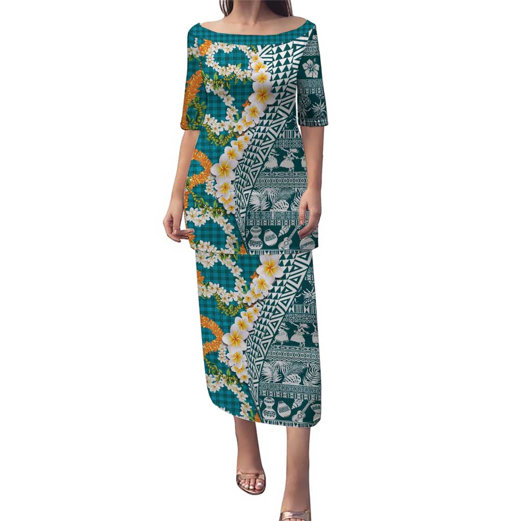 Hawaiian Plumeria Lei Family Matching Puletasi and Hawaiian Shirt Kakau Motifs and Palaka Half Style Turquoise Color LT03 Mom's Dress Turquoise - Polynesian Pride