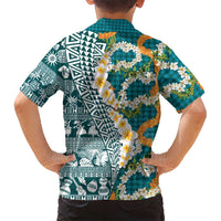 Hawaiian Plumeria Lei Family Matching Short Sleeve Bodycon Dress and Hawaiian Shirt Kakau Motifs and Palaka Half Style Turquoise Color LT03 - Polynesian Pride
