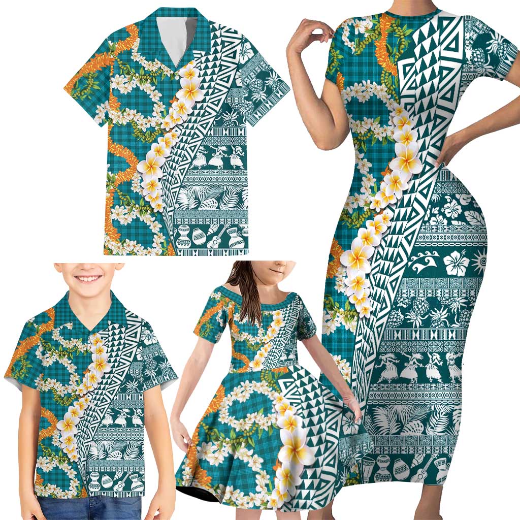 Hawaiian Plumeria Lei Family Matching Short Sleeve Bodycon Dress and Hawaiian Shirt Kakau Motifs and Palaka Half Style Turquoise Color LT03 - Polynesian Pride