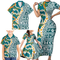 Hawaiian Plumeria Lei Family Matching Short Sleeve Bodycon Dress and Hawaiian Shirt Kakau Motifs and Palaka Half Style Turquoise Color LT03 - Polynesian Pride