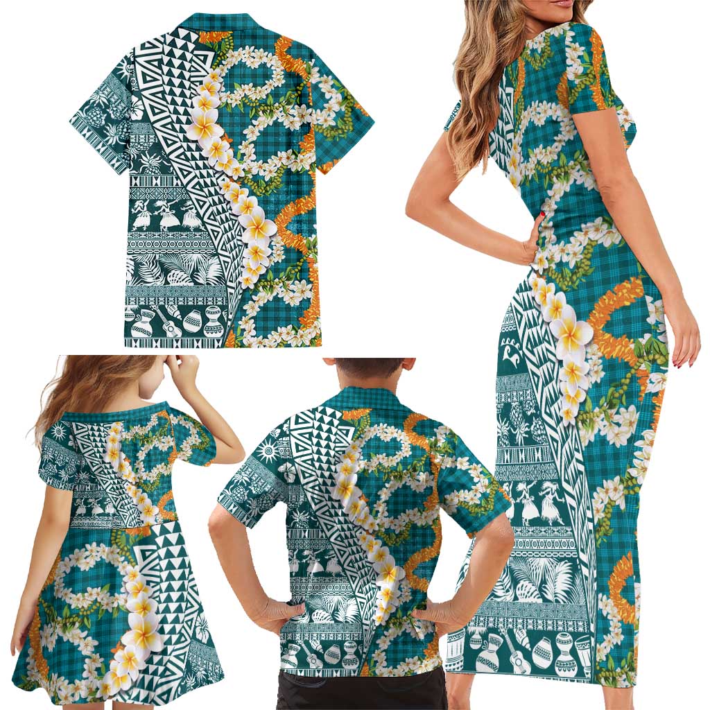 Hawaiian Plumeria Lei Family Matching Short Sleeve Bodycon Dress and Hawaiian Shirt Kakau Motifs and Palaka Half Style Turquoise Color LT03 - Polynesian Pride