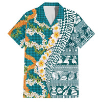 Hawaiian Plumeria Lei Family Matching Short Sleeve Bodycon Dress and Hawaiian Shirt Kakau Motifs and Palaka Half Style Turquoise Color LT03 Dad's Shirt - Short Sleeve Turquoise - Polynesian Pride