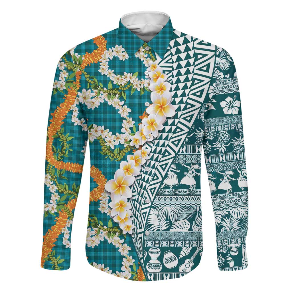 Hawaiian Plumeria Lei Family Matching Short Sleeve Bodycon Dress and Hawaiian Shirt Kakau Motifs and Palaka Half Style Turquoise Color LT03 Dad's Shirt - Long Sleeve Turquoise - Polynesian Pride