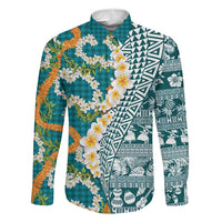 Hawaiian Plumeria Lei Family Matching Short Sleeve Bodycon Dress and Hawaiian Shirt Kakau Motifs and Palaka Half Style Turquoise Color LT03 Dad's Shirt - Long Sleeve Turquoise - Polynesian Pride