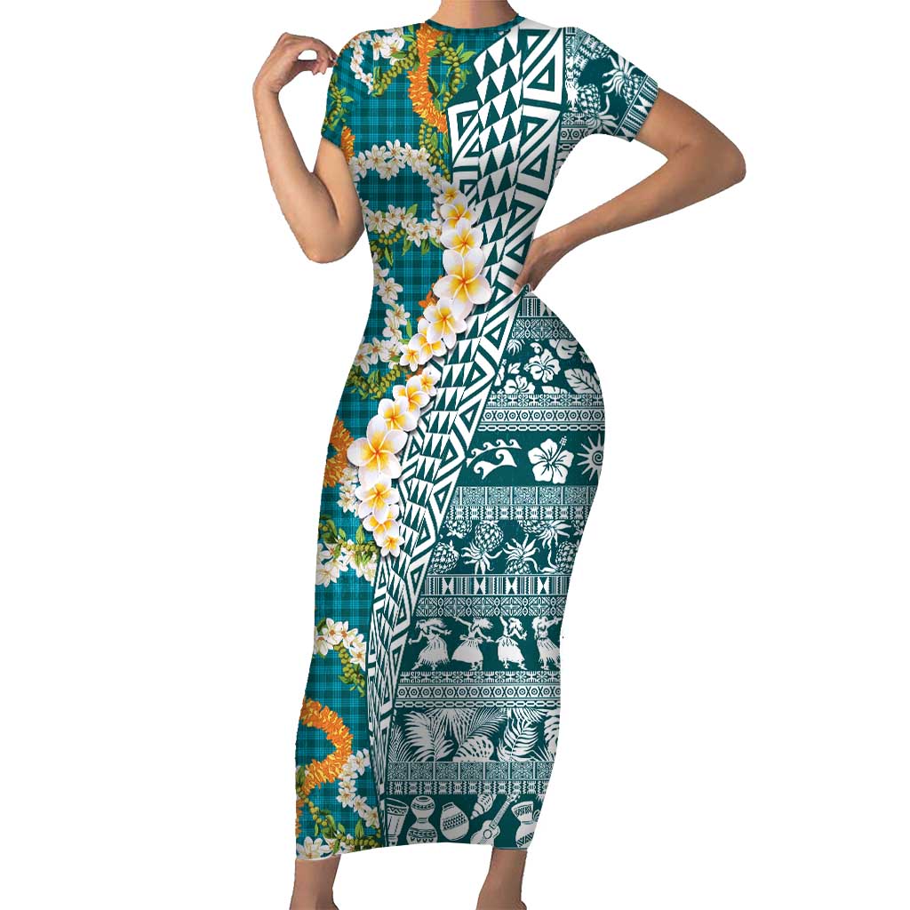 Hawaiian Plumeria Lei Family Matching Short Sleeve Bodycon Dress and Hawaiian Shirt Kakau Motifs and Palaka Half Style Turquoise Color LT03 Mom's Dress Turquoise - Polynesian Pride