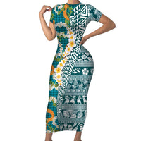 Hawaiian Plumeria Lei Family Matching Short Sleeve Bodycon Dress and Hawaiian Shirt Kakau Motifs and Palaka Half Style Turquoise Color LT03 Mom's Dress Turquoise - Polynesian Pride