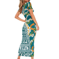 Hawaiian Plumeria Lei Family Matching Short Sleeve Bodycon Dress and Hawaiian Shirt Kakau Motifs and Palaka Half Style Turquoise Color LT03 - Polynesian Pride