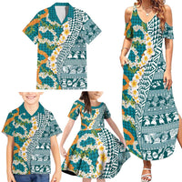 Hawaiian Plumeria Lei Family Matching Summer Maxi Dress and Hawaiian Shirt Kakau Motifs and Palaka Half Style Turquoise Color LT03 - Polynesian Pride