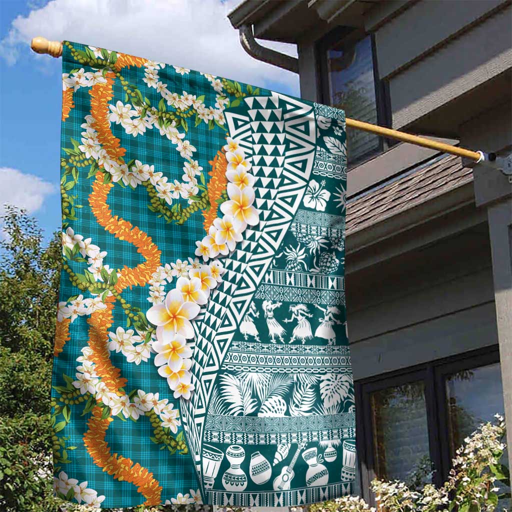 Hawaiian Plumeria Lei Garden Flag Kakau Motifs and Palaka Half Style Turquoise Color - Polynesian Pride