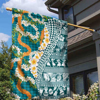 Hawaiian Plumeria Lei Garden Flag Kakau Motifs and Palaka Half Style Turquoise Color - Polynesian Pride
