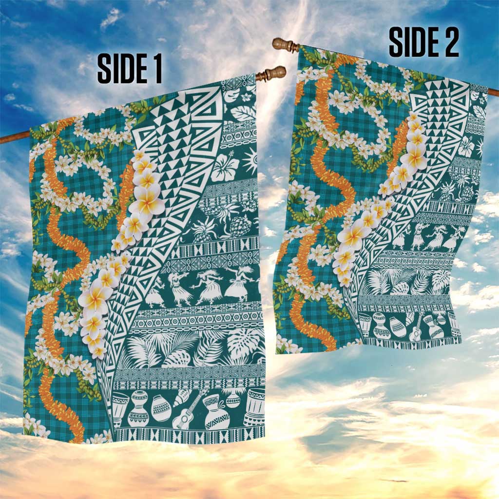Hawaiian Plumeria Lei Garden Flag Kakau Motifs and Palaka Half Style Turquoise Color - Polynesian Pride