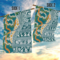 Hawaiian Plumeria Lei Garden Flag Kakau Motifs and Palaka Half Style Turquoise Color - Polynesian Pride