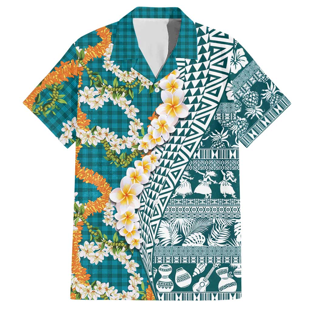 Hawaiian Plumeria Lei Hawaiian Shirt Kakau Motifs and Palaka Half Style Turquoise Color - Polynesian Pride