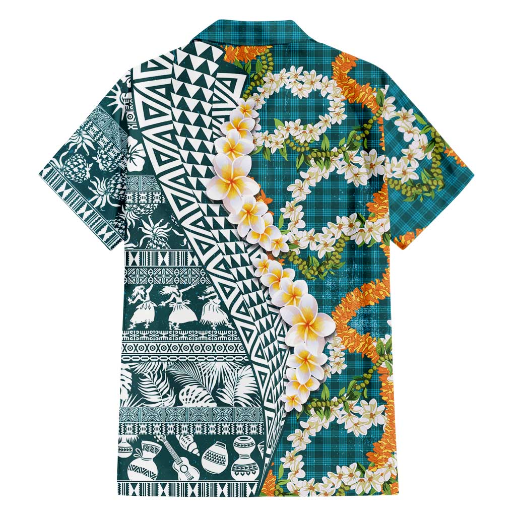 Hawaiian Plumeria Lei Hawaiian Shirt Kakau Motifs and Palaka Half Style Turquoise Color - Polynesian Pride