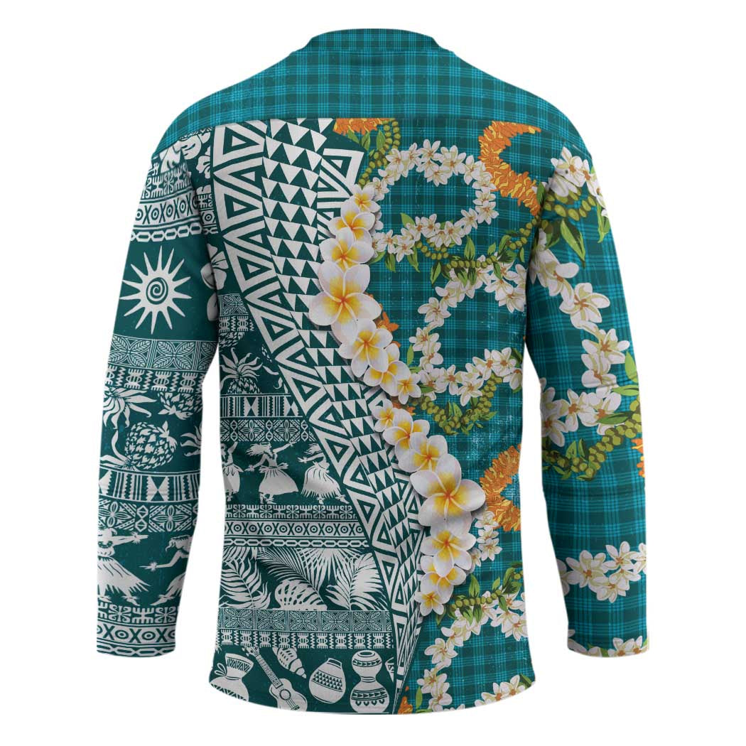 Hawaiian Plumeria Lei Hockey Jersey Kakau Motifs and Palaka Half Style Turquoise Color - Polynesian Pride