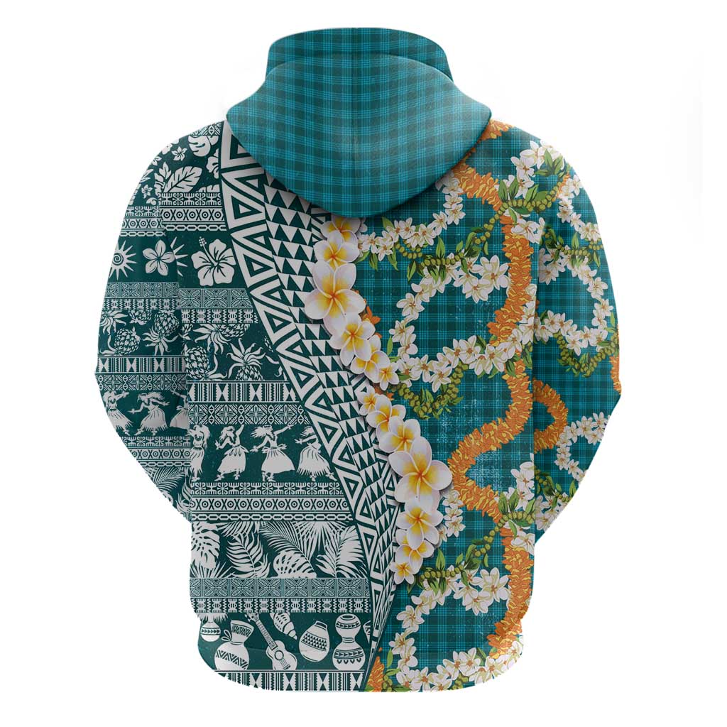 Hawaiian Plumeria Lei Hoodie Kakau Motifs and Palaka Half Style Turquoise Color - Polynesian Pride
