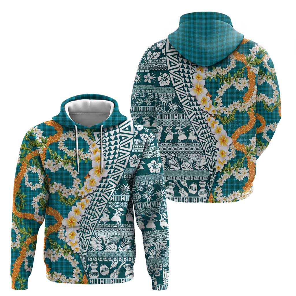 Hawaiian Plumeria Lei Hoodie Kakau Motifs and Palaka Half Style Turquoise Color - Polynesian Pride